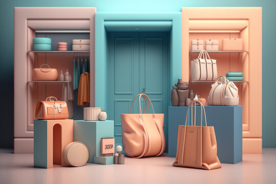 The shop is surrounded by shopping bags and clothes, smartphone, cart, on a pastel background