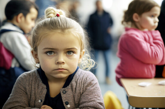 little child in kindergarten or preschool, critical or bored, waiting or skeptical, Generative AI