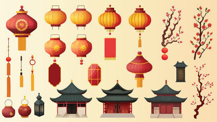 Chinese Lunar New Year Elements Decoration (Lantern, Umbrella, Cherry Blossom Branches) in Set of Vector