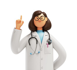 Naklejka na ściany i meble 3d render. Cartoon character caucasian woman doctor wears glasses and uniform. Finger pointing up. Health care advice, medical science
