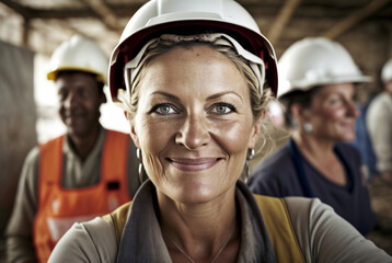woman working on a construction site, construction helmet and work vest, smiling, middle aged or older, Generative AI