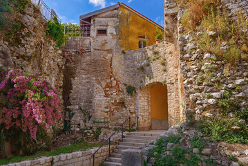 Town of Porec old walls morning view, UNESCO landmark in Istria.Access gate to the historic part of Porec with a part of the city wall ,Croatia - 572725776