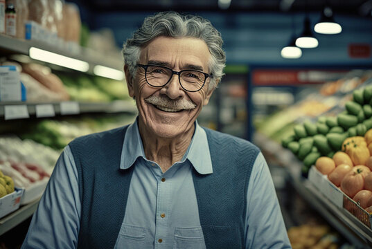 supermarket and an employee or owner, old man works in a supermarket, fun at work or local shopping, Generative AI