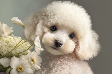 A cute white poodle puppy holds a bouquet of white flowers in its paws. Greeting card for Valentine's Day, Women's Day, Birthday, Wedding. AI generative - obrazy, fototapety, plakaty