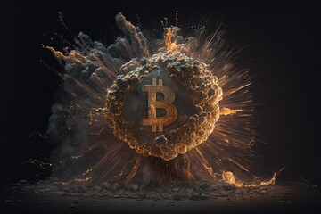 Bitcoin coin is a cryptocurrency explodes like a bomb.