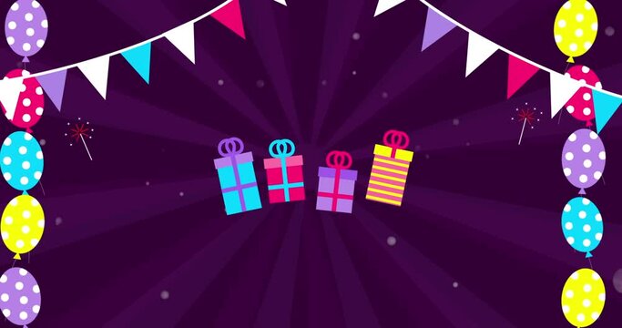 Bright Birthday party banner animation with garland with flags, cake and balloons, one year anniversary. Sales anniversary banner with 10, 50 or 75 percent.