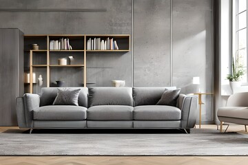 Interior of modern living room with a grey wall, grey sofas, window and shelving unit