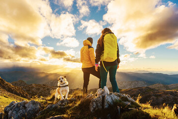 couple of mountaineers with their dog watching the sunset after hiking in the mountains. outdoor sports.