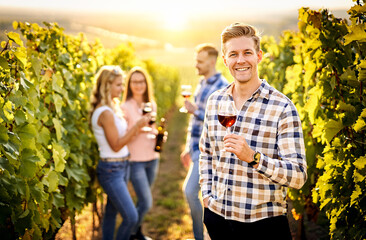 Portrait of a young, millennial vintner holding a glass of organic bio red wine outdoors in a vineyard with his friends in the background - Vine-growing, and wine-tasting concept
