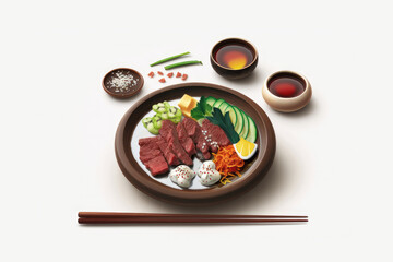 Realistic Beef Yakiniku With Side Dish and Sauce in White Background Generative AI
