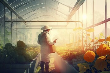 Farmer in a greenhouse in the rays of the setting sun. Generative AI.
