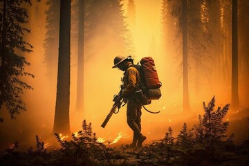 Fototapeta premium A lifeguard in a burning forest puts out a fire. Generative AI.