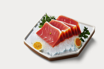 Realistic Thin Slice Sashimi of Kobe Beef With Ice In White Background Generative AI