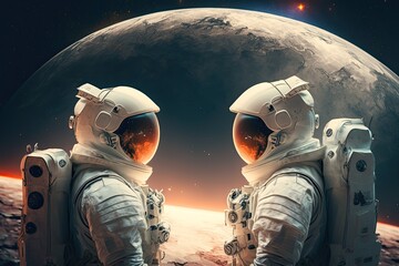 Two astronauts in white space suits on the background of the planet. Generative AI.