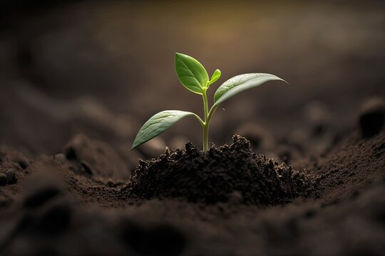 A young green sprout grows from fertile soil. Generative AI.