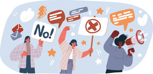 Fototapeta premium Vector illustration of Women power protest against gender violence and harassment. Girls diverse team show stop gesture. Female community, sisterhood, activist people together. Women cooperation