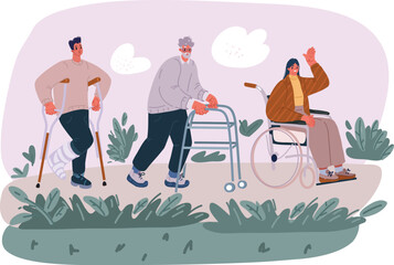 Vector illustration eople with disability, therapy, reabilitation. Man on crunch, woman in wheelchcair, Oldman elderly man using walking frame