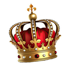 Red king crown. Classic king’s crown isolated on a transparent background. Gold crown with jewels. 