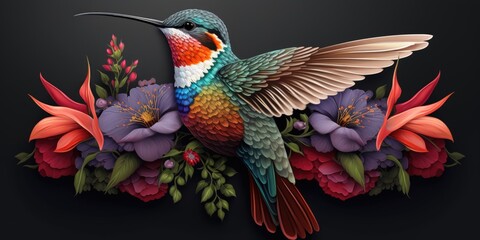 colorful hummingbird on top of beautiful flowers illustration design art - obrazy, fototapety, plakaty