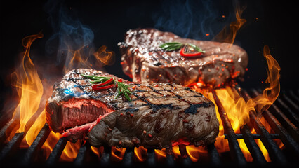 Grill Master's Delight Sizzling Beef Steaks with Flames - obrazy, fototapety, plakaty