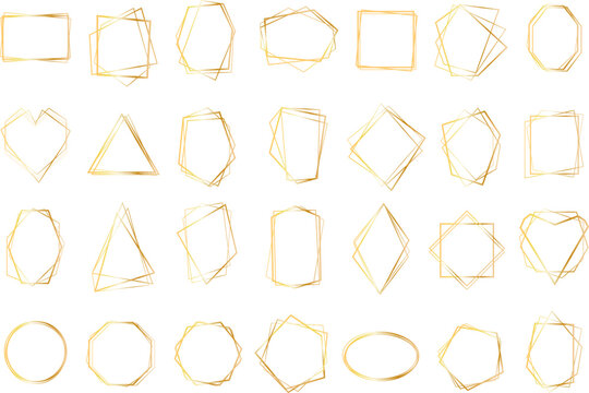  Set of geometric gold frame isolated on white.Golden Geometrical frames.Simple abstract golden frames.Set of luxury gold frames collection.Luxury gold borders for wedding invitation elements.