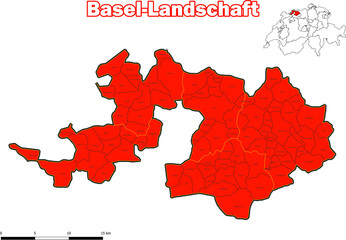 Vektor Karte Schweiz Administrative Gliederung Kanton Basel - Landschaft mit name der Kommune