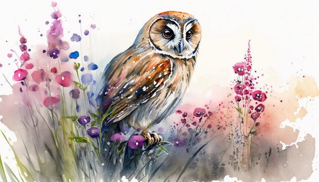 Watercolor painting of friendly owl in a colorful flower field. Ideal for art print, greeting card, springtime concepts etc. Made with generative AI.