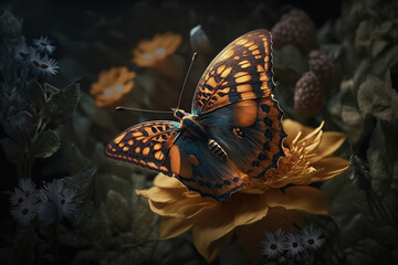 Fototapeta na wymiar Beautiful butterfly sitting on flower in a summer garden, Generative Ai