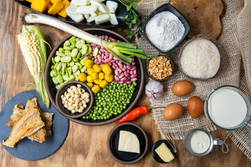 Top View of the ingredients to prepare fanesca. Typical dish of Ecuador consumed in Holy Week