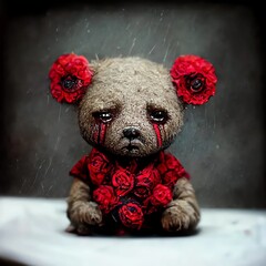 teddy bear with red rose, crying with blood