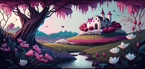 fairy tale landscape with many flowers des illustration design art