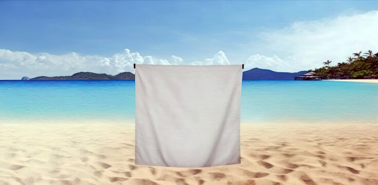 Beach towel on the sandy beach in the background of the seascape.AI generated image.