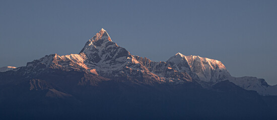 View of the Himalayan giants, Dhaulagiri  mountain, Annapurna range and Machapuchare (Fish Tail) mountain as seen at sunrise from Sarangkot village, near Pokhara, Nepal Himalayas, Nepal