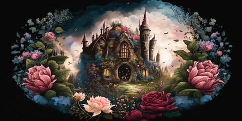 fantasy garden castle with many flowers roses and cloud illustration design art