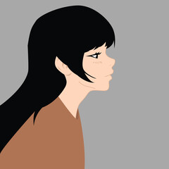 Vector anime girl. Girl in profile, with long black hair on a gray background. Anime style, hand drawn vector illustration.