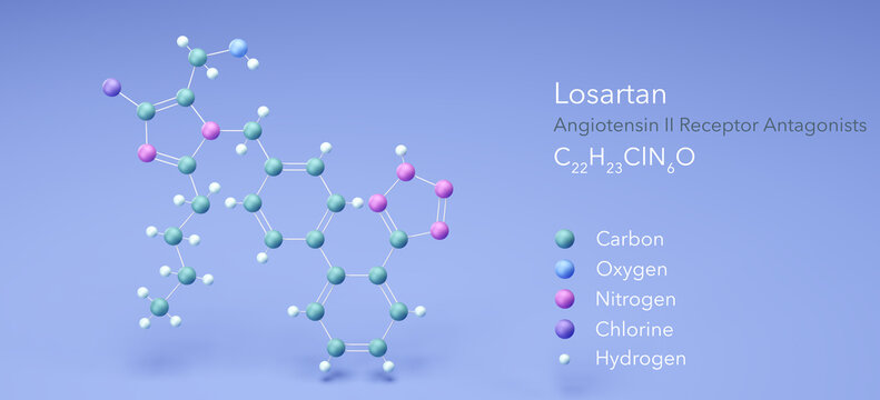 losartan molecule, molecular structures, Angiotensin II Receptor Antagonists, 3d model, Structural Chemical Formula and Atoms with Color Coding