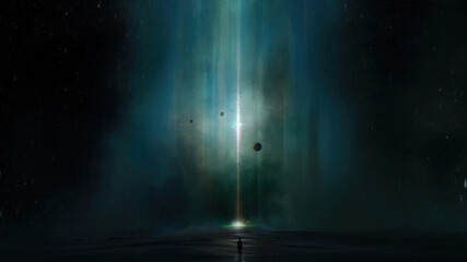 Digital illustration of a woman stands before an abstract portal in space.