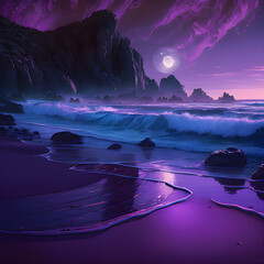 beach with blue and purple galaxies, waves in the ocean night