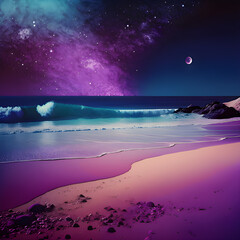 night landscape in the beach with moon and stars, purple and blue galaxies