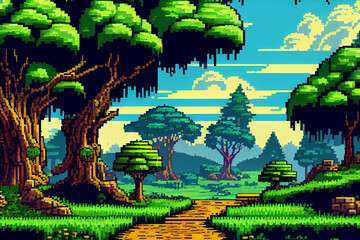 Video game background landscape with mountains and forests in 16 bit pixels. Retro video arcade game nature location with pixel art mountain hills, snow peaks, sky and clouds, trees, grass and lake.