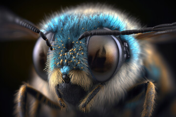 blue jewel bee, Closeup of face fluffy head of bee, Generative Ai