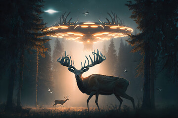 UFO landing in forest with animals. Generative ai