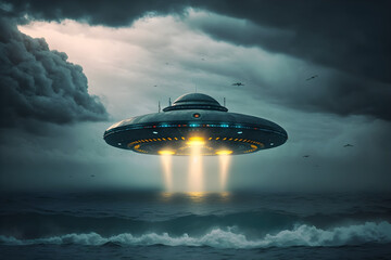 Obraz premium UFO flying over ocean. UFO or spy object sighting made using generative ai