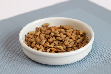 Dry cat food in the form of fish. Balanced food for pets, advertising feed. White cat bowl on the rug