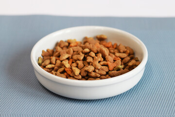 Dry cat food in the form of fish. Balanced food for pets, advertising feed. White cat bowl on the rug