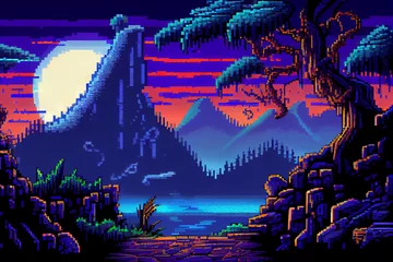Rollo Video game background landscape with mountains and forests in 16 bit pixels. Retro video arcade game nature location with pixel art mountain hills, snow peaks, sky and clouds, trees, grass and lake. © Fokasu Art