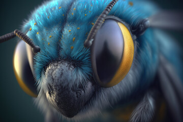 blue jewel bee, Closeup of face fluffy head of bee, Generative Ai