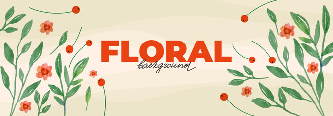 Obraz premium Spring background with watercolor branches, flowers and berries for banner design. Template with leaves, stems, floral elements, rowan, viburnum