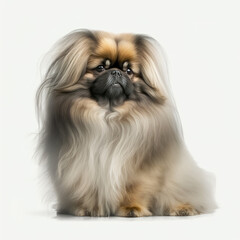 Portrait of a pekingese dog on a white background. Photorealistic image created by artificial intelligence.