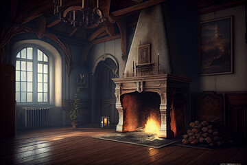 Fototapeta na wymiar Room with a fireplace in an old castle. AI generated